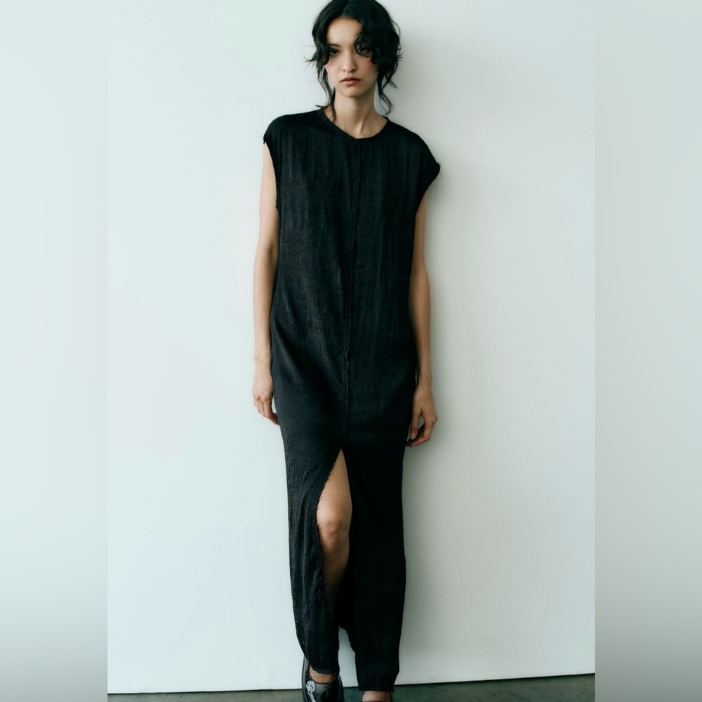 ZARA Wrinkled Satin Effect Midi Dress Black - NWT